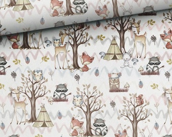 Fabric Cotton Sold by the Meter Patchwork Forest Friends Forest Animals Owl Deer Raccoon Fox Zigzag Natural Ecru 155 cm wide