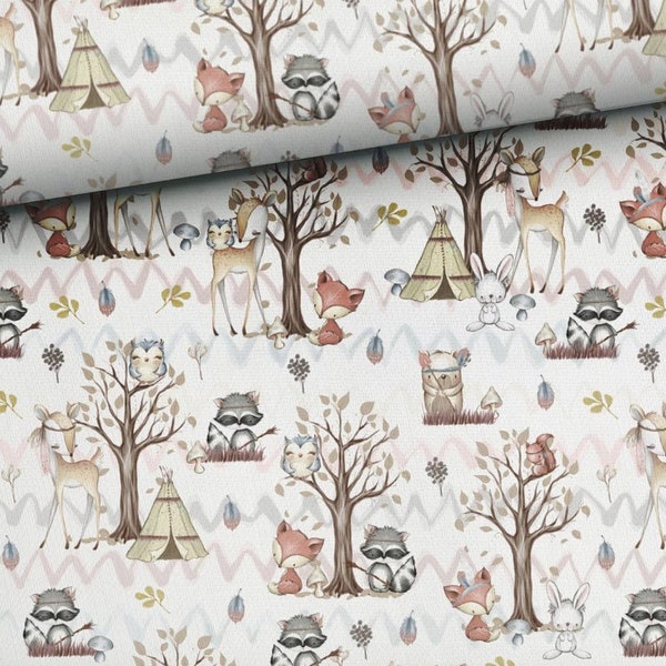 Fabric Cotton Sold by the Meter Patchwork Forest Friends Forest Animals Owl Deer Raccoon Fox Zigzag Natural Ecru 155 cm wide