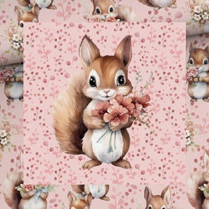 Pode incluir: Padrão repetitivo com uma ilustração em aquarela de um esquilo fofo segurando um buquê de flores rosa. O esquilo tem pelo marrom e olhos grandes e expressivos. O fundo é um design floral rosa.