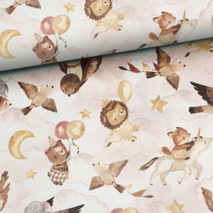 Tissu coton au mètre patchwork animaux enfants dans les nuages licorne ballon 1,55 m de large