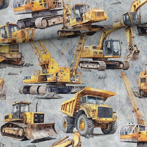 Tessuto popeline di cotone cantiere veicoli da costruzione auto escavatore camion con cassone ribaltabile gru su grigio da 50 cm