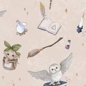 Pre-order! Fabric jersey cotton jersey magical school magic broom hat magic wizard owl beige from 50 cm