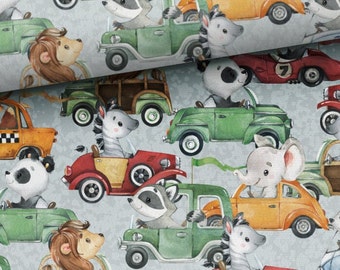 Fabric cotton sold by the meter animal children in the car elephant lion zebra 155 cm wide