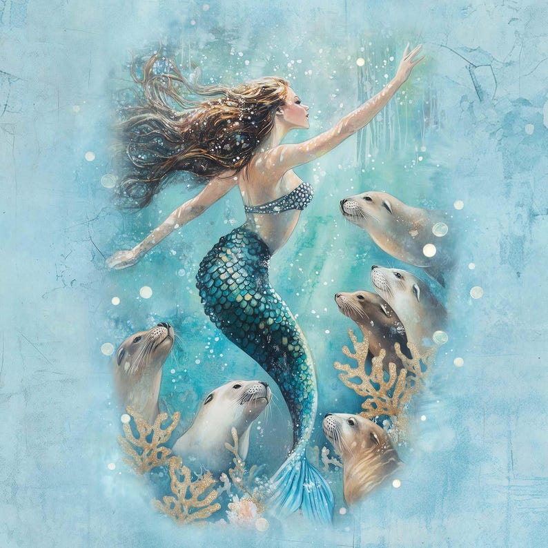 May include: An artistic illustration of a mermaid with flowing brown hair and a teal scaled tail, swimming in a light blue ocean. The mermaid is surrounded by seals and coral, with light rays shining down.