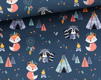 Stoff Sweat French Terry Sommersweat Waldtiere Fuchs Waschbär auf Jeansblau Graublau 165 cm breit
