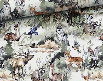 Fabric sweat French terry summer sweat wild animals on ecru cream wolf lynx deer 38 cm long x 1.65 m wide