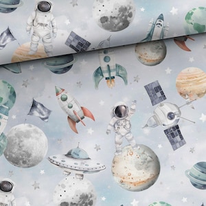 Précommandez ! Tissu Coton Patchwork Univers Terre Fusée Étoiles Planètes Astronaute Vaisseau spatial Gris Clair