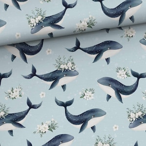 Fabric Jersey Cotton Jersey Maritime Sea Animals Whale Fish Orca Flowers Blue White from 50 cm