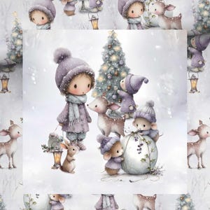 Könnte beinhalten: Ein sich wiederholendes Muster mit Kindern in lavendelfarbenen Wintermützen und Mänteln, kleinen Rehen und Mäusen in einem verschneiten Wald. Die Szene zeigt geschmückte Weihnachtsbäume, leuchtende Laternen und große Schneebälle in Pastelltönen.
