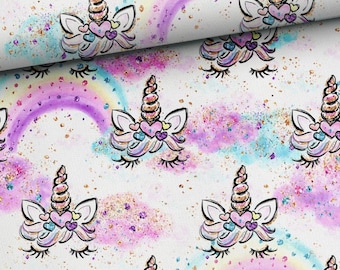 Fabric Cotton Sold by the Meter Patchwork Unicorn Eyelashes Rainbow Pink Light Blue 155 cm wide