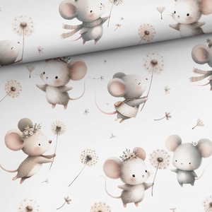 Könnte beinhalten: Ein nahtloses Muster mit niedlichen Comic-Mäusen, die Löwenzahnpflanzen halten. Die Mäuse sind in verschiedenen Posen dargestellt, einige halten die Löwenzahnpflanzen über ihren Köpfen und andere halten sie in ihren Pfoten. Der Hintergrund ist ein sanftes Weiß mit einer subtilen Textur.