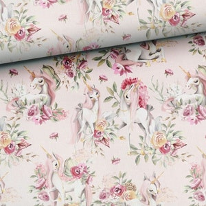 Fabric cotton sold by the meter patchwork sweet unicorns roses flowers soft pink cream 155 cm wide from 50 cm