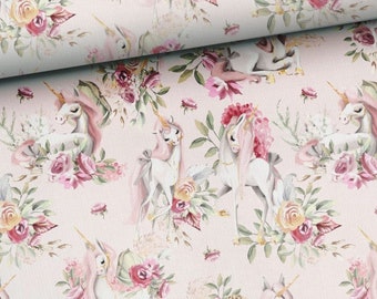 Fabric cotton sold by the meter patchwork sweet unicorns roses flowers soft pink cream 155 cm wide from 50 cm