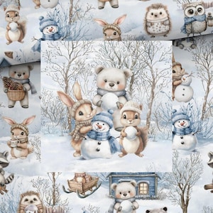 Könnte beinhalten: Ein Stoff mit wiederholtem Muster, der Aquarellillustrationen von Waldtieren wie Bären, Kaninchen, Eichhörnchen, Igeln und Eulen in einer verschneiten Winterlandschaft mit Schneemännern, kahlen Bäumen und einer kleinen blauen Hütte zeigt.