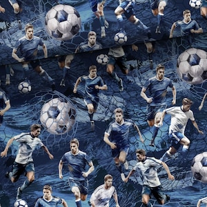 May include: A seamless pattern featuring a blue and white soccer theme. The pattern includes soccer players in blue uniforms, soccer balls, and a soccer net. The background is a blue and white abstract design.