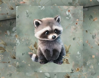 Optionally sweat fabric French Terry + panel forest animals raccoon 40 x 50 floral blossoms + optionally with combination fabrics +