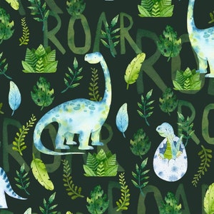 May include: Watercolor dinosaur pattern with a dark green background. Features light blue dinosaurs, green foliage, and the word "ROAR" in a faded green. The design includes a baby dinosaur hatching from an egg.