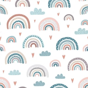 Précommandez ! Tissu en coton popeline coeurs arc-en-ciel nuages points à partir de 50 cm
