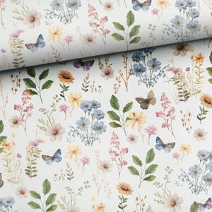 Pre-order! Fabric Sweat French Terry Summer Sweat Spring Flower Meadow Butterfly White 165 cm wide