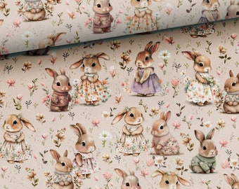 Pre-order! Fabric cotton sold by the meter patchwork cute forest animals rabbit flowers 155 cm wide