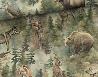 Cotton fabric, woodland animals, wild animals, bear, elk, deer, wolf, fox, squirrel, hare, from 50 cm