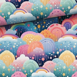 May include: A colourful, whimsical pattern featuring rainbow arches, clouds, and flowers on a dark blue background. The design is perfect for fabric, wallpaper, or other creative projects.