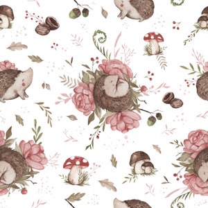 Nano Softshell with fleece breathable outdoor fabric cute hedgehog flowers white from 50 cm