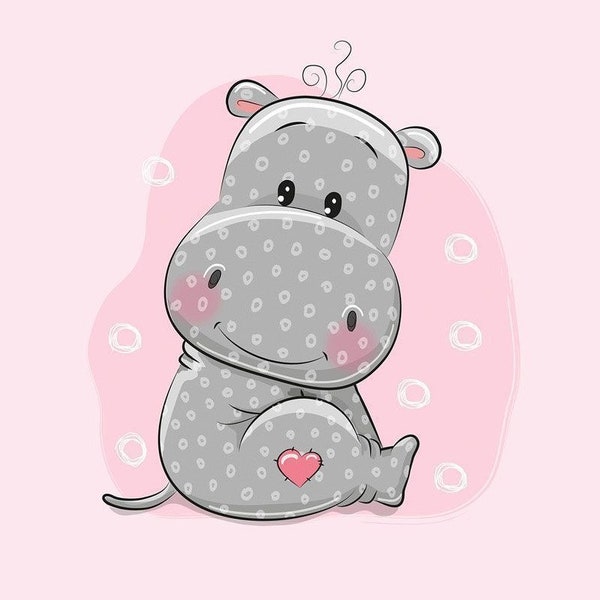 Fabric panels sweat French terry summer sweat cute hippopotamus on pink with little hearts 40 x 50 cm