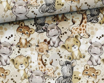May include: A seamless pattern featuring a variety of adorable cartoon animals, including a giraffe, zebra, lion, hippopotamus, and leopard. The animals are depicted in a playful and whimsical style, with bright colours and expressive features. The background is a light beige with brown polka dots.