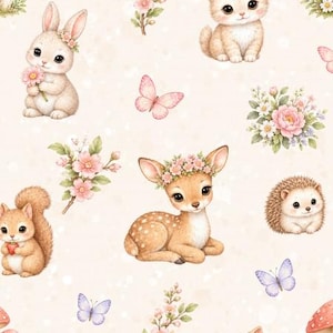 Può includere: Un motivo ripetitivo su sfondo color crema chiaro con illustrazioni di un cerbiatto con corona di fiori, un coniglietto con un fiore rosa, un gattino, un riccio, farfalle rosa e viola, e grappoli di fiori rosa e foglie verdi.