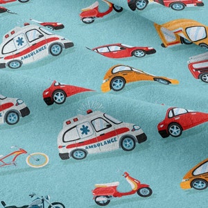 Tissu coton vendu au mètre véhicules voiture pompiers 155 cm de large