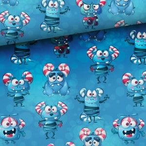 Fabric Sweat French Terry Summer Sweat Funny Monsters Blue Red 1.65 m wide