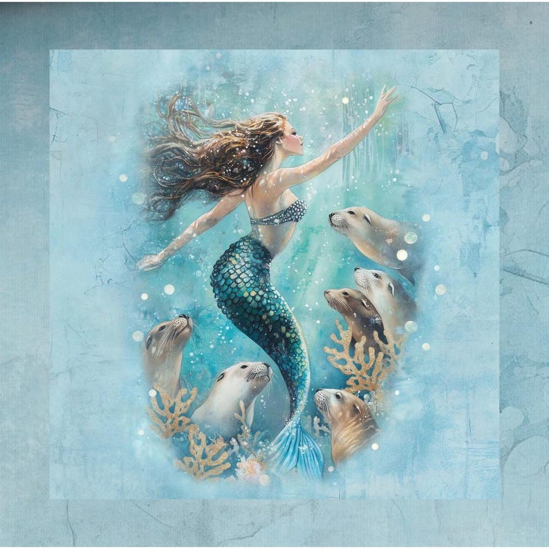 May include: A fantasy illustration of a mermaid with flowing brown hair and a teal scaled tail, swimming in blue water. The mermaid is surrounded by seals and coral. The image has a dreamy, underwater aesthetic.