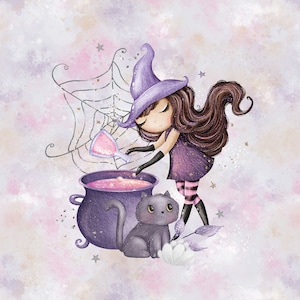 Fabric Panels Sweat French Terry Summer Sweat Little Witch Cat Magic Cauldron Halloween 40 x 50 cm
