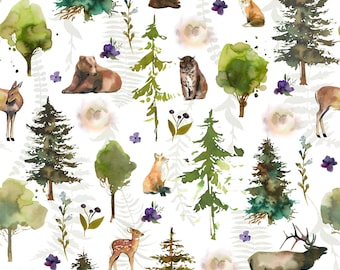 Peut inclure: Motif de forêt à l'aquarelle avec des arbres, des cerfs, des renards, des ours et un lynx. Le motif comprend des fleurs violettes et des formes circulaires floues. La palette de couleurs est principalement verte, marron et blanche, créant un thème naturel et boisé.