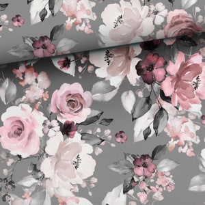 Pre-order! Fabric Sweat French Terry Summer Sweat Flowers Roses Eucalyptus Pink Dark Grey 165 cm wide