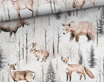Fabric: French Terry sweatshirt fabric with woodland animals: moose, fox, bear, hedgehog, deer, hare + optionally with coordinating fabrics