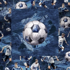 May include: A blue and white soccer ball with black stitching is the focal point of this image. The ball is surrounded by a pattern of soccer players and nets, all against a blue background.