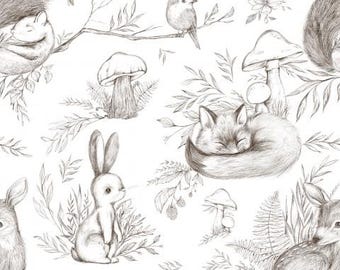 Stoff Jersey Baumwolljersey Meterware Skizze gemalte Tiere süße Waldtiere Rehkitz Fuchs Hase auf Weiß ab 50 cm