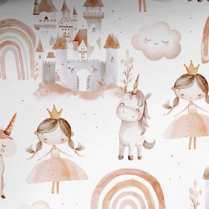 May include: A watercolor pattern featuring a whimsical castle, rainbows, clouds, unicorns, and princesses. The design is in shades of pink, brown, and white.