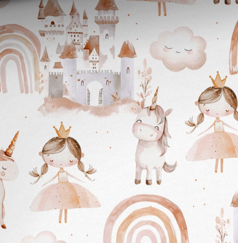 May include: A watercolor pattern featuring a whimsical castle, rainbows, clouds, unicorns, and princesses. The design is in shades of pink, brown, and white.