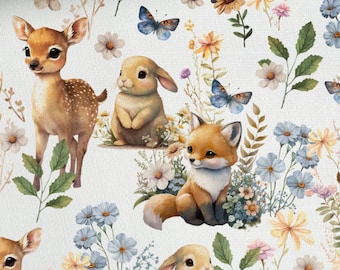 Tissu coton au mètre patchwork mignons animaux de la forêt cerf lapin renard fleurs sur blanc 155 cm de large