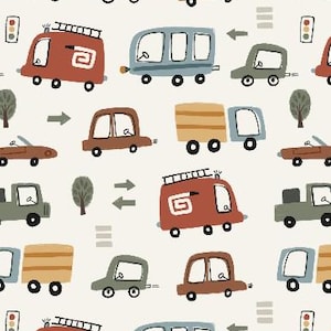 Sudadera de verano de felpa francesa con estampado de vehículos, camión de bomberos y coche sobre fondo crema + tejido a rayas a juego opcional a partir de 50 cm.