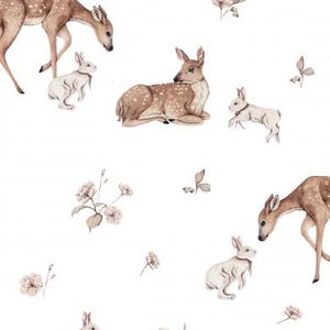 Fabric Cotton Cotton fabric cute forest animals deer fawn and rabbit meadow flowers 155 cm wide