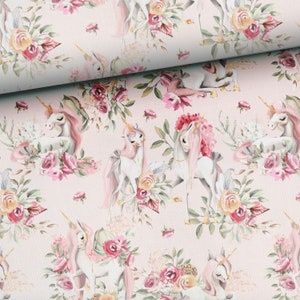 Pre-order! Jersey cotton jersey fabric by the meter with cute unicorns and rose blossoms, 160 cm wide