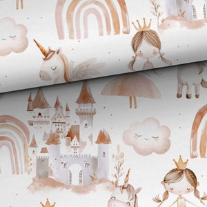May include: A whimsical pattern featuring a fairytale castle, rainbows, clouds, unicorns, and princesses. The design is in soft pastel colors with watercolor-like textures.