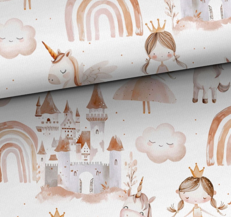 May include: A whimsical pattern featuring a fairytale castle, rainbows, clouds, unicorns, and princesses. The design is in soft pastel colors with watercolor-like textures.