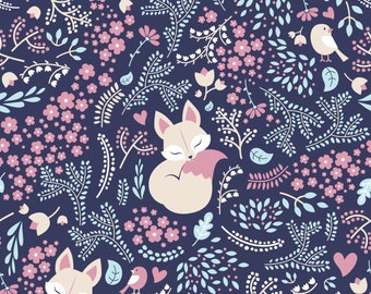 Pre-order! Fabric Sweat French Terry summer sweat sleeping fox bird flowers pink purple