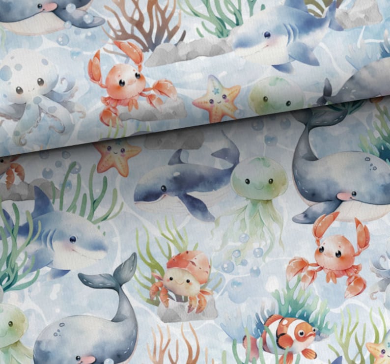 Fabric Sweat French Terry Summer Sweat Maritime Sea Animals Fish Whale Crayfish optional panel and combination fabrics image 9