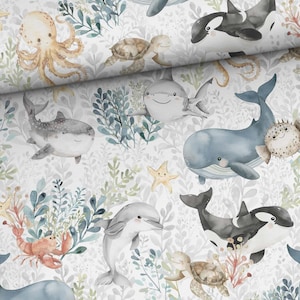 Pre-order! Jersey cotton jersey fabric, maritime sea creatures, dolphins, whales, fish, octopus, orcas, shells, turtles, from 50 cm